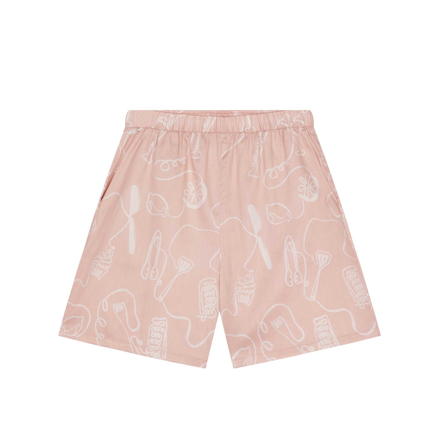 flat lay image of pink pajama shorts with white sketches