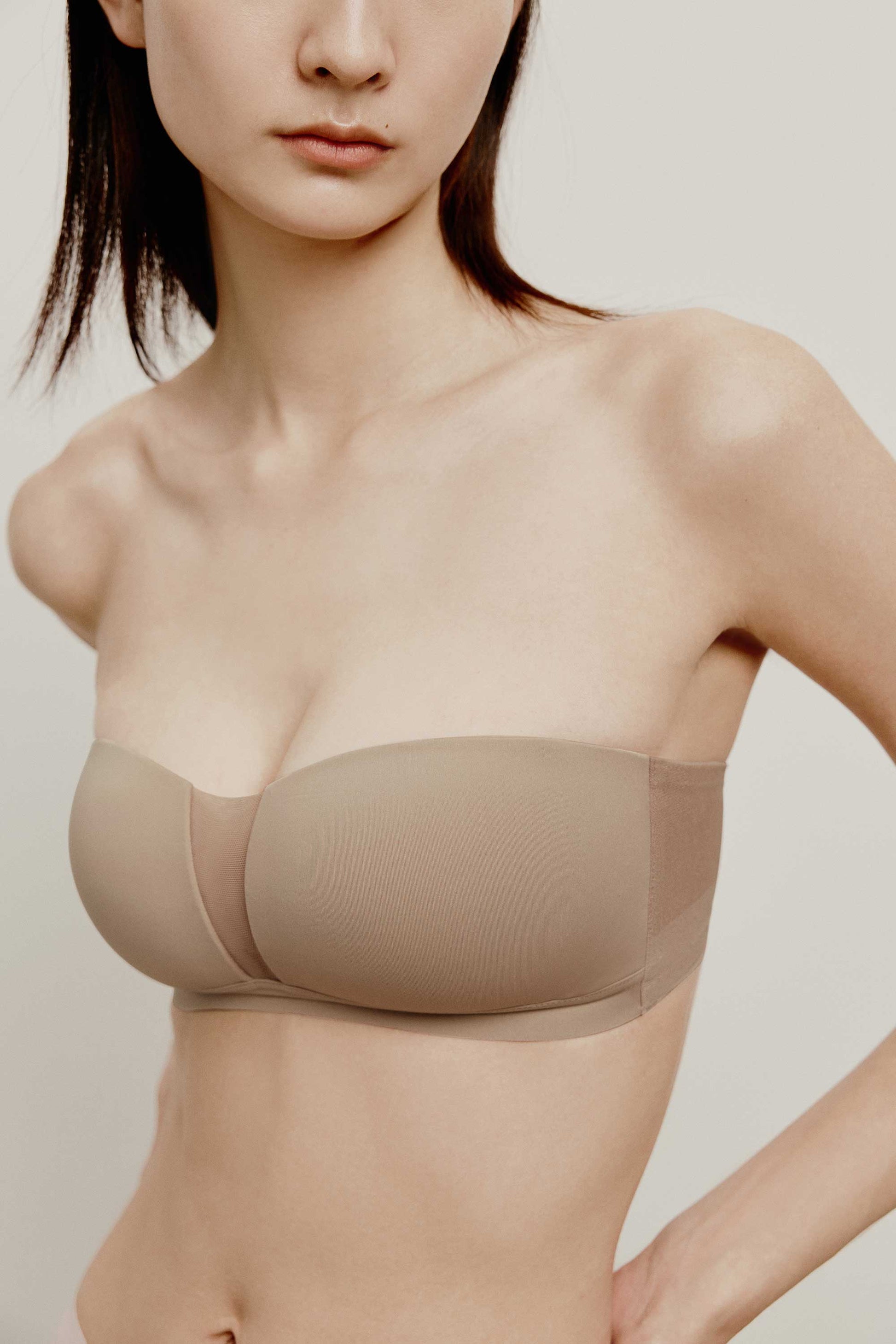 close up of tan strapless bra