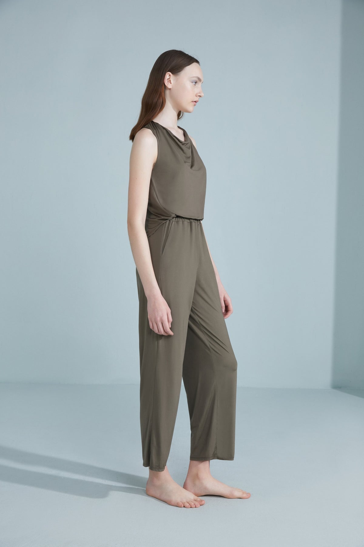 NEIWAI Back Twist Cowl Neck Jumpsuit in Burnt Olive