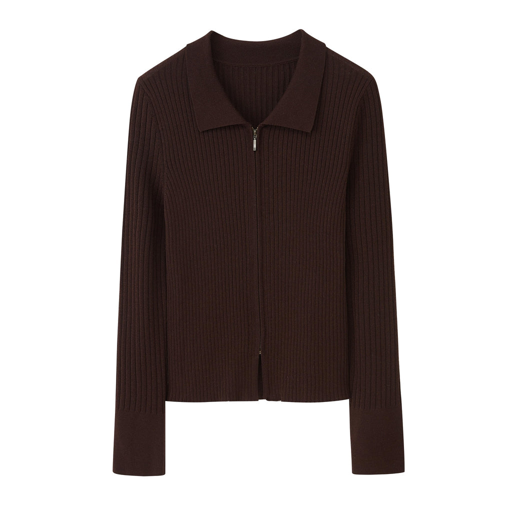 a brown silky wool zip-up cardigan