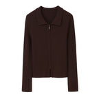 a brown silky wool zip-up cardigan
