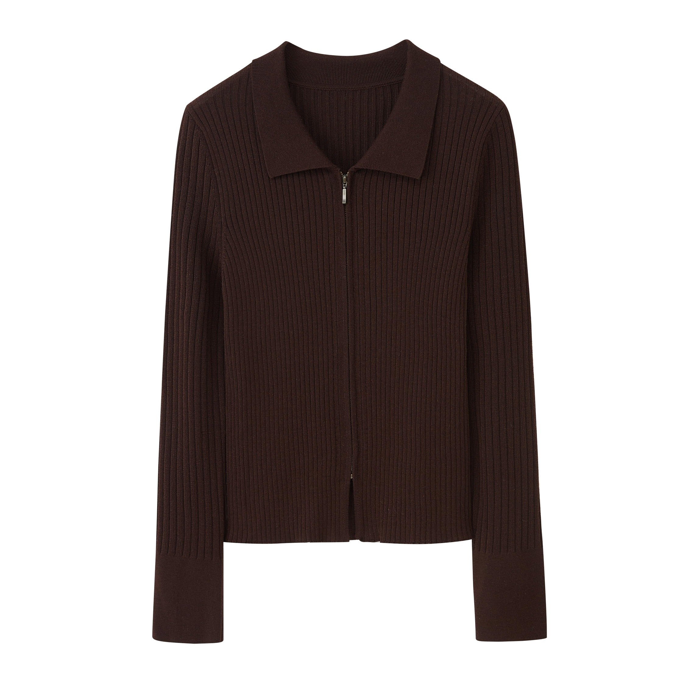 a brown silky wool zip-up cardigan