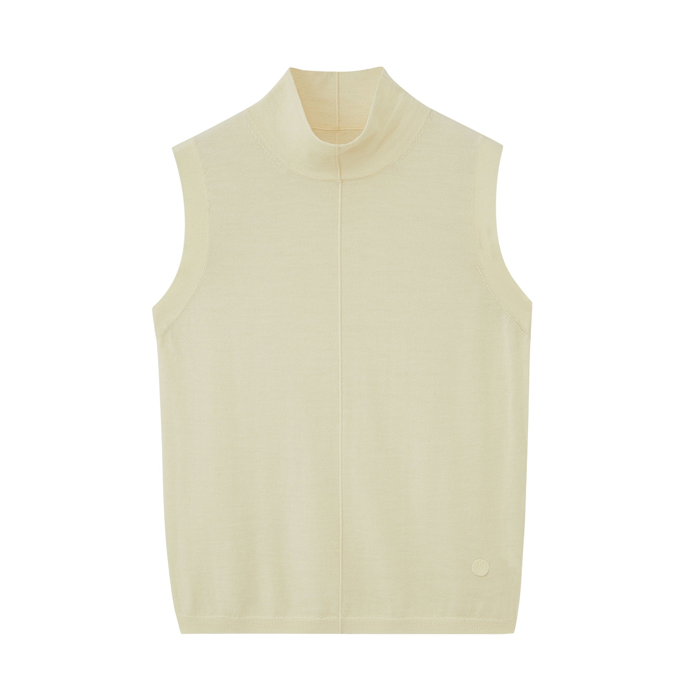 a white silky wool mock neck sleeveless sweater
