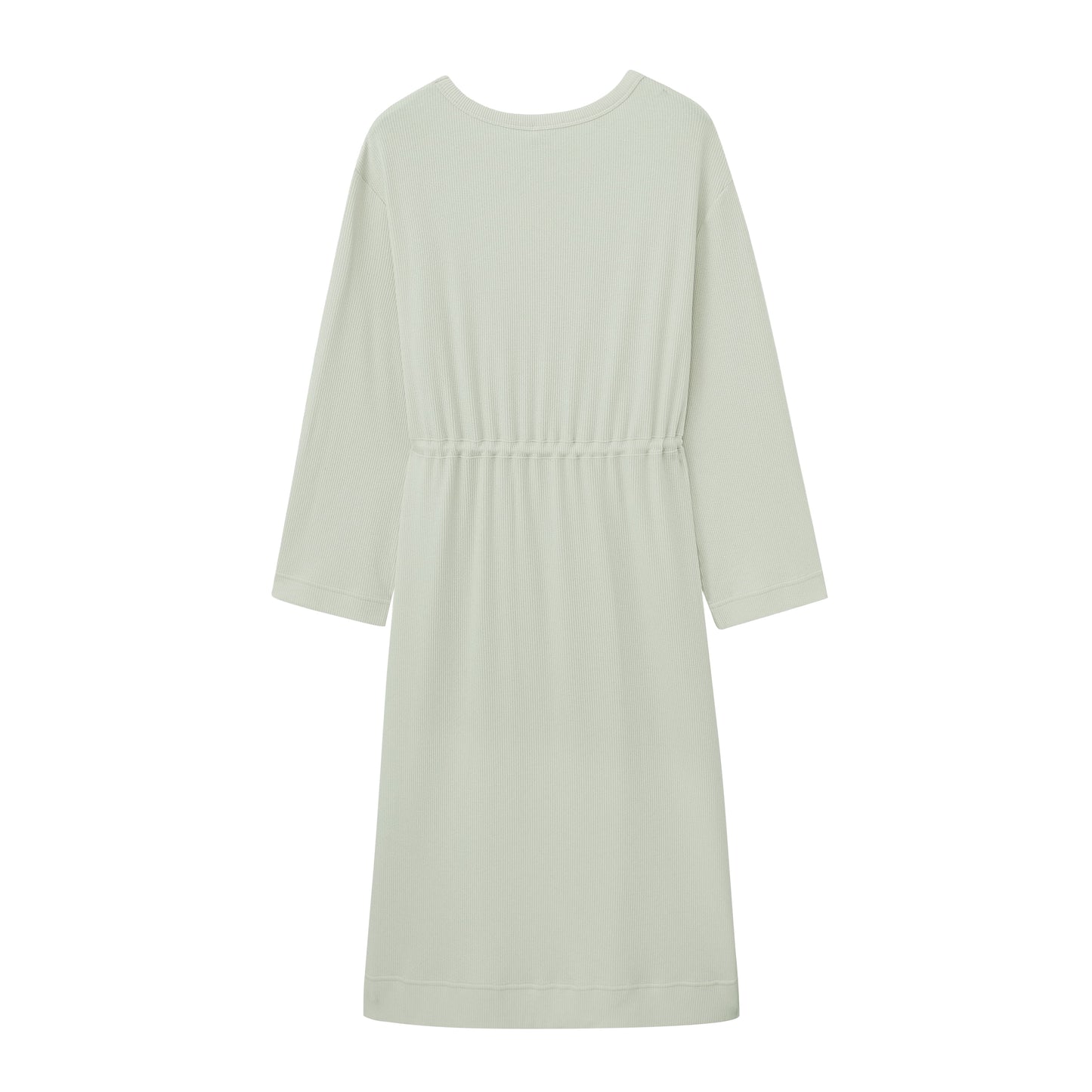 flay lay image of the long sleeve mint pajama dress with waist drawstring from back