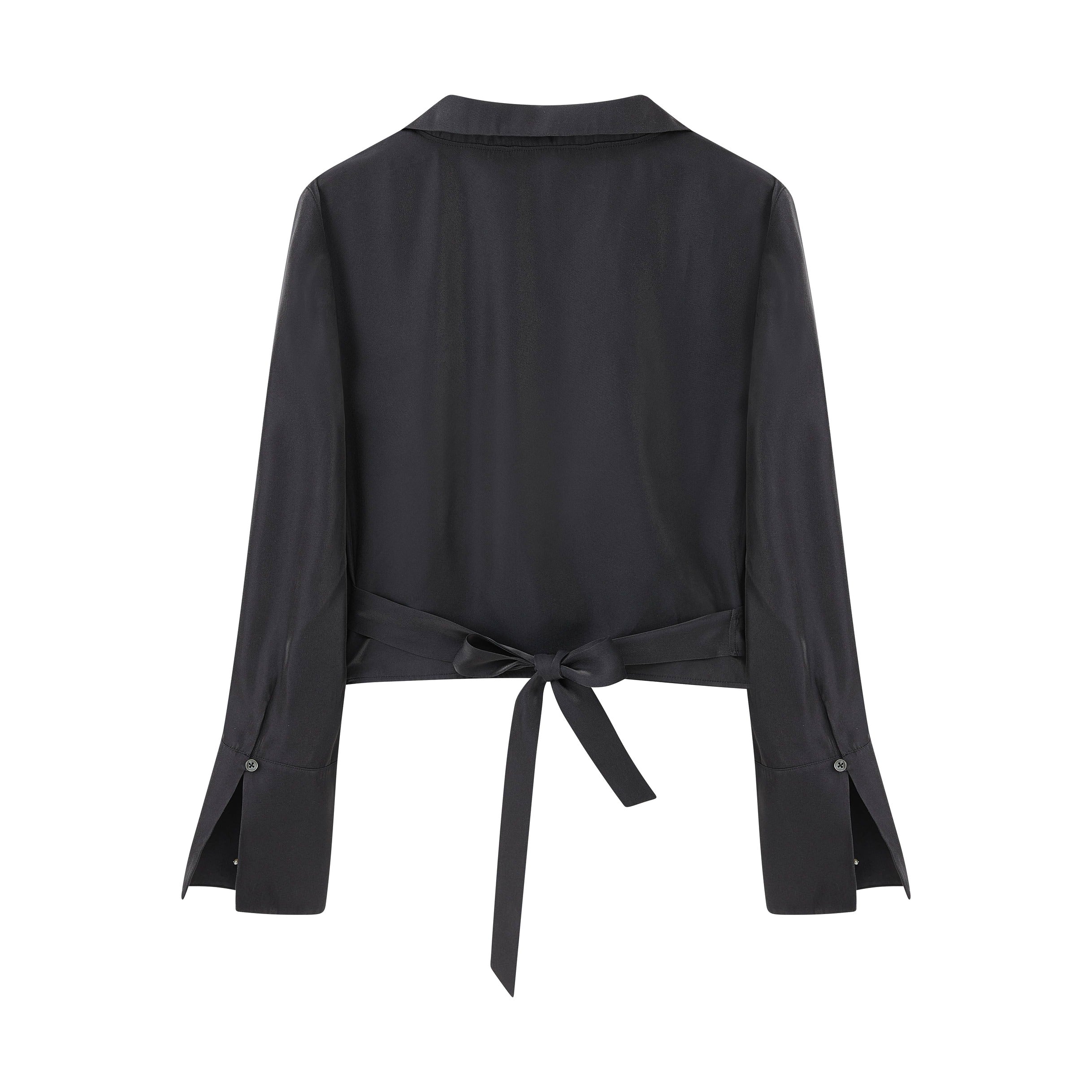 flat lay image of navy satin shirt from back