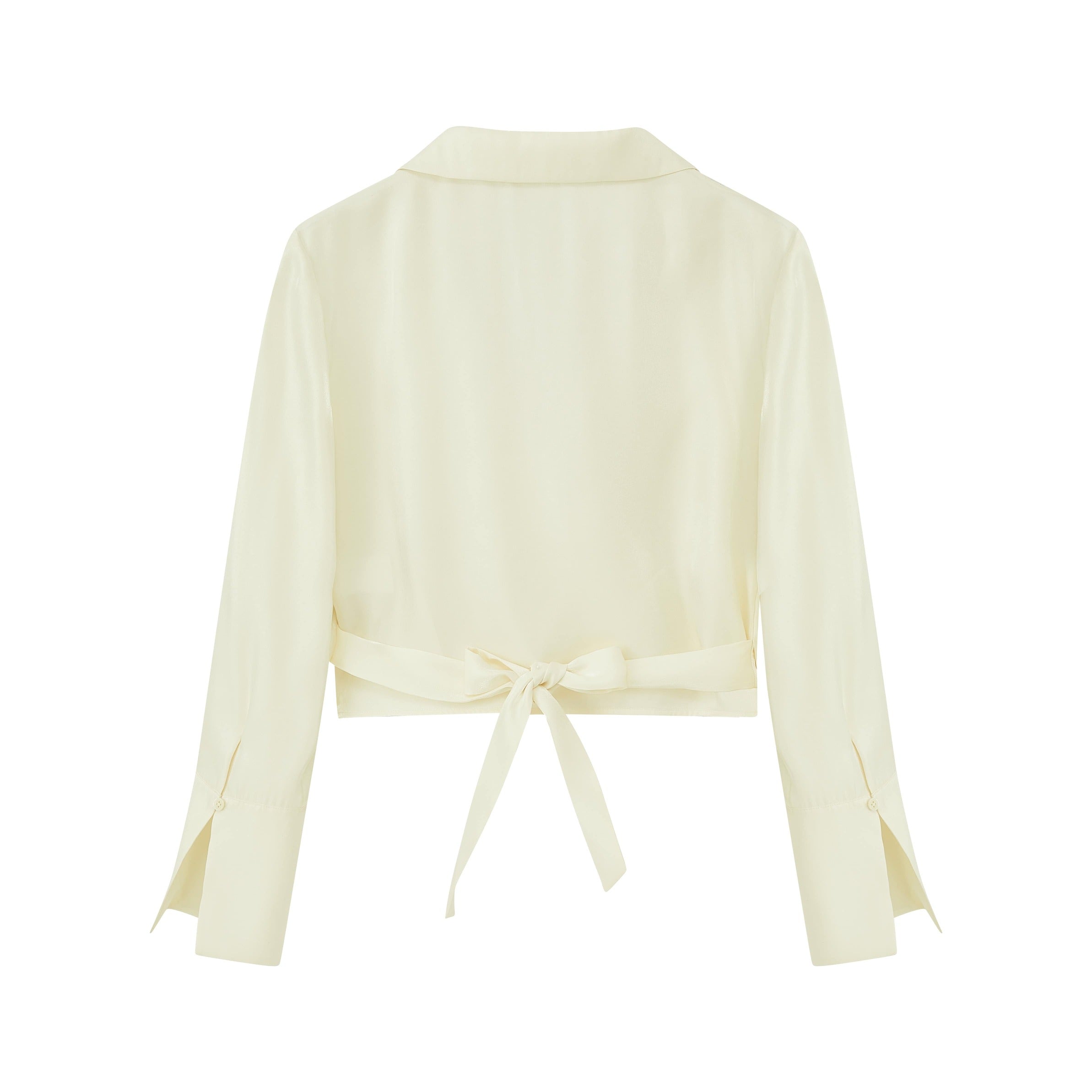 flat lay image of navy satin shirt from back