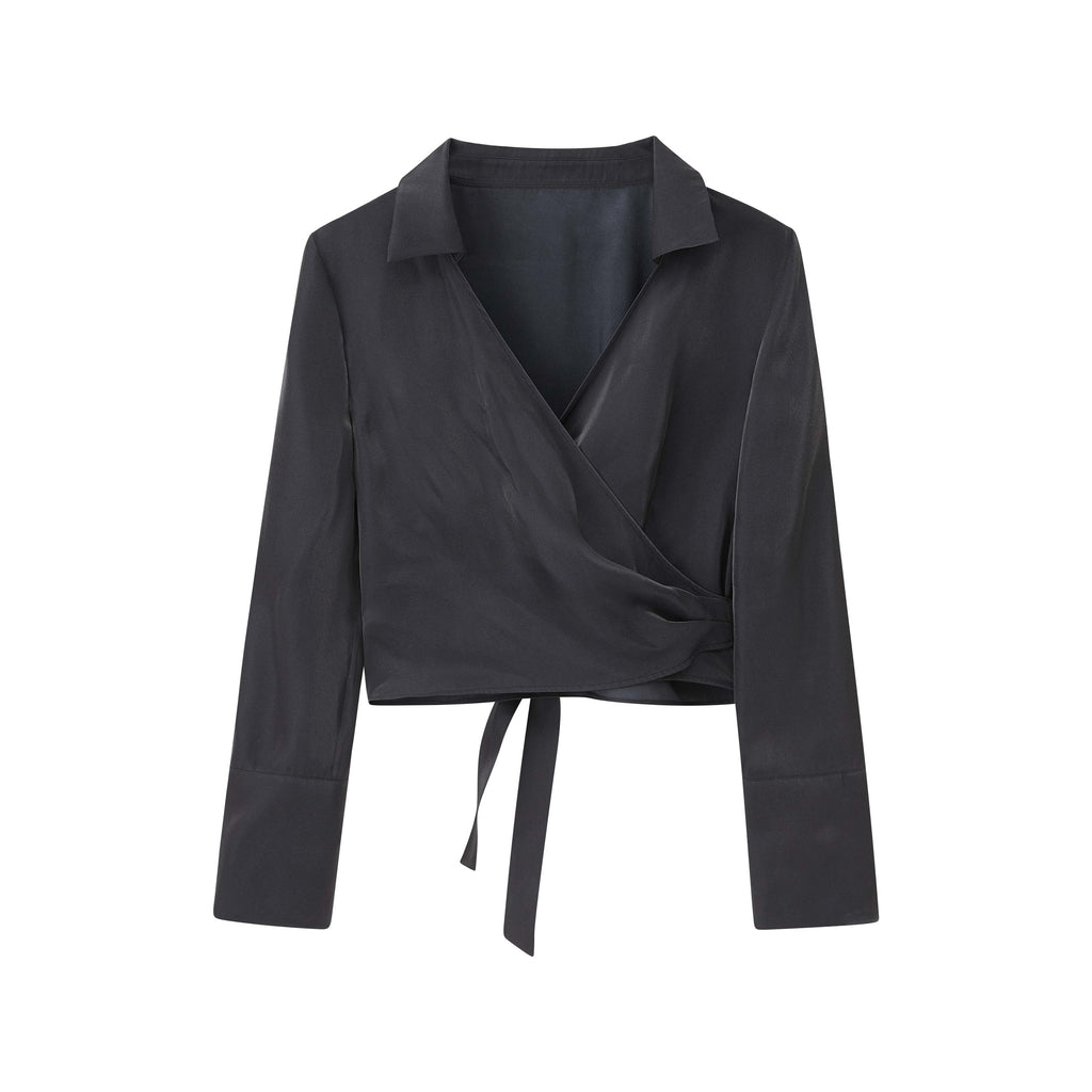 flat lay image of navy satin shirt