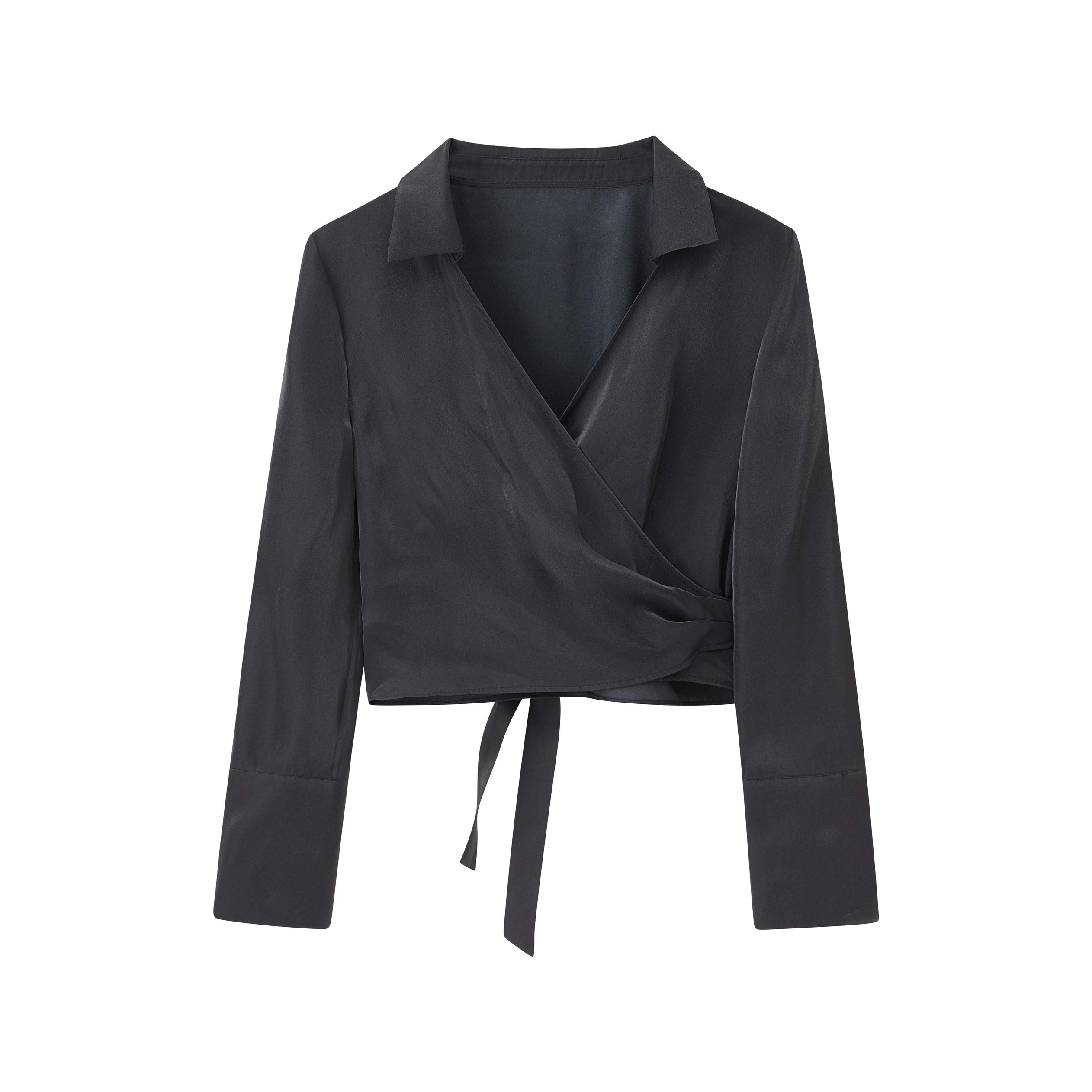 flat lay image of navy satin shirt